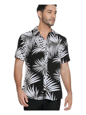Guess Black and White Palm-Print Short-Sleeve Button-Down Shirt